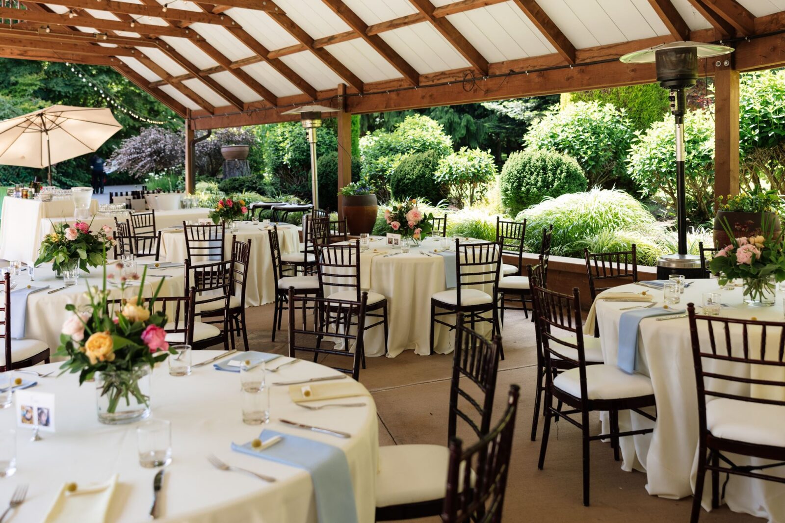 Froggsong Gardens wedding reception setup under the Covered Pavillion.