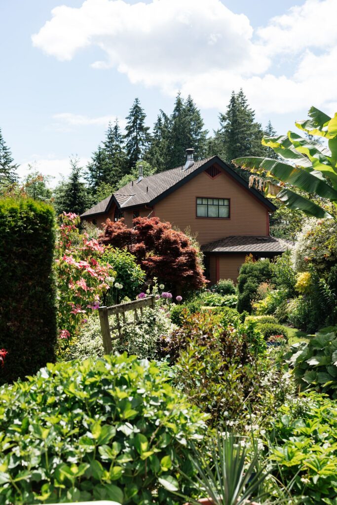 Exterior shot of Froggsong Gardens in Vashon Island, WA - a Washington State garden wedding venue.
