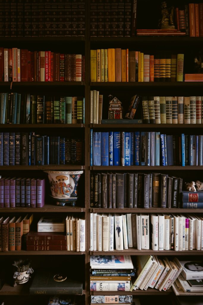 Detail shot of the interior bookshelves at Thornewood Castle in Lakewood, Washington.