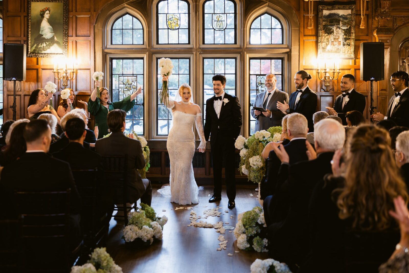 Indoor wedding ceremony at Thornewood Castle wedding venue.