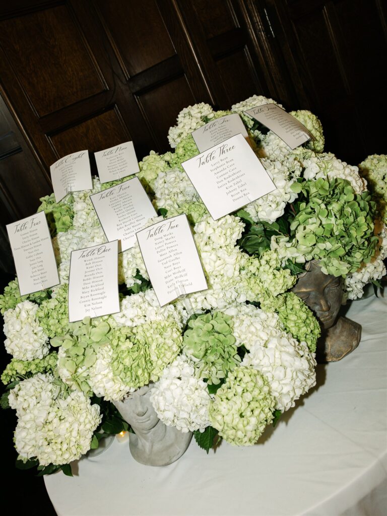 Flash photo of a floral table seating chart.