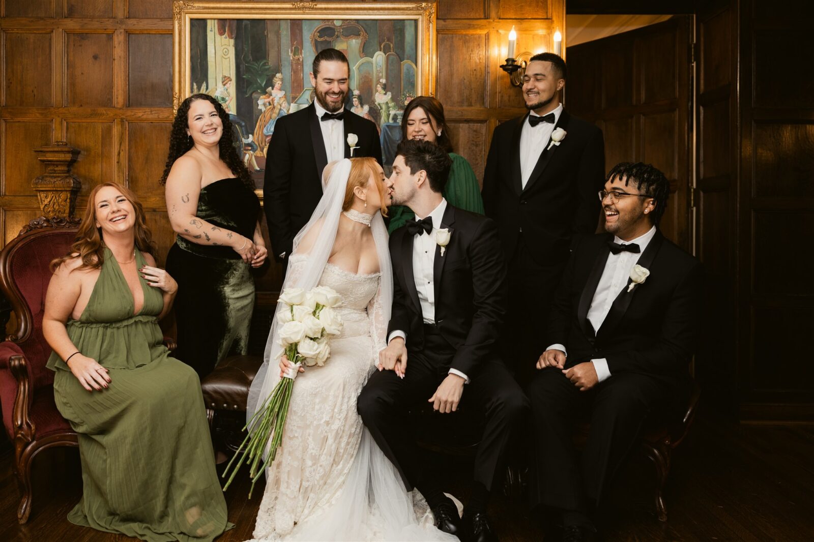 Indoor wedding party portrait at Thornewood Castle in WA.