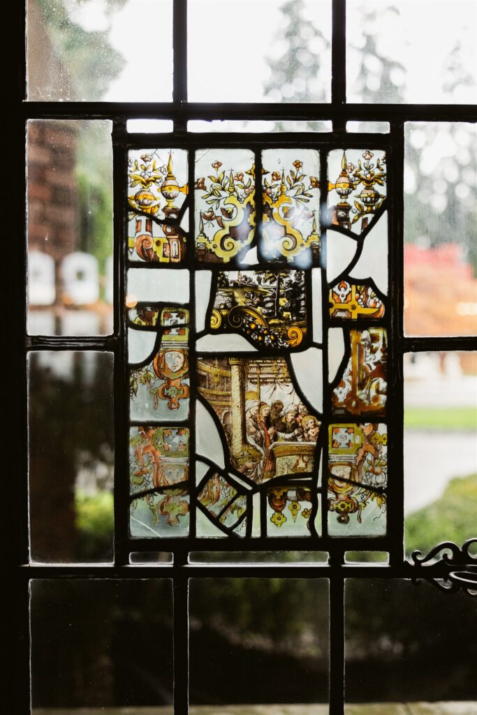 Medieval stained glass windows at Thornewood Castle in Lakewood, WA.