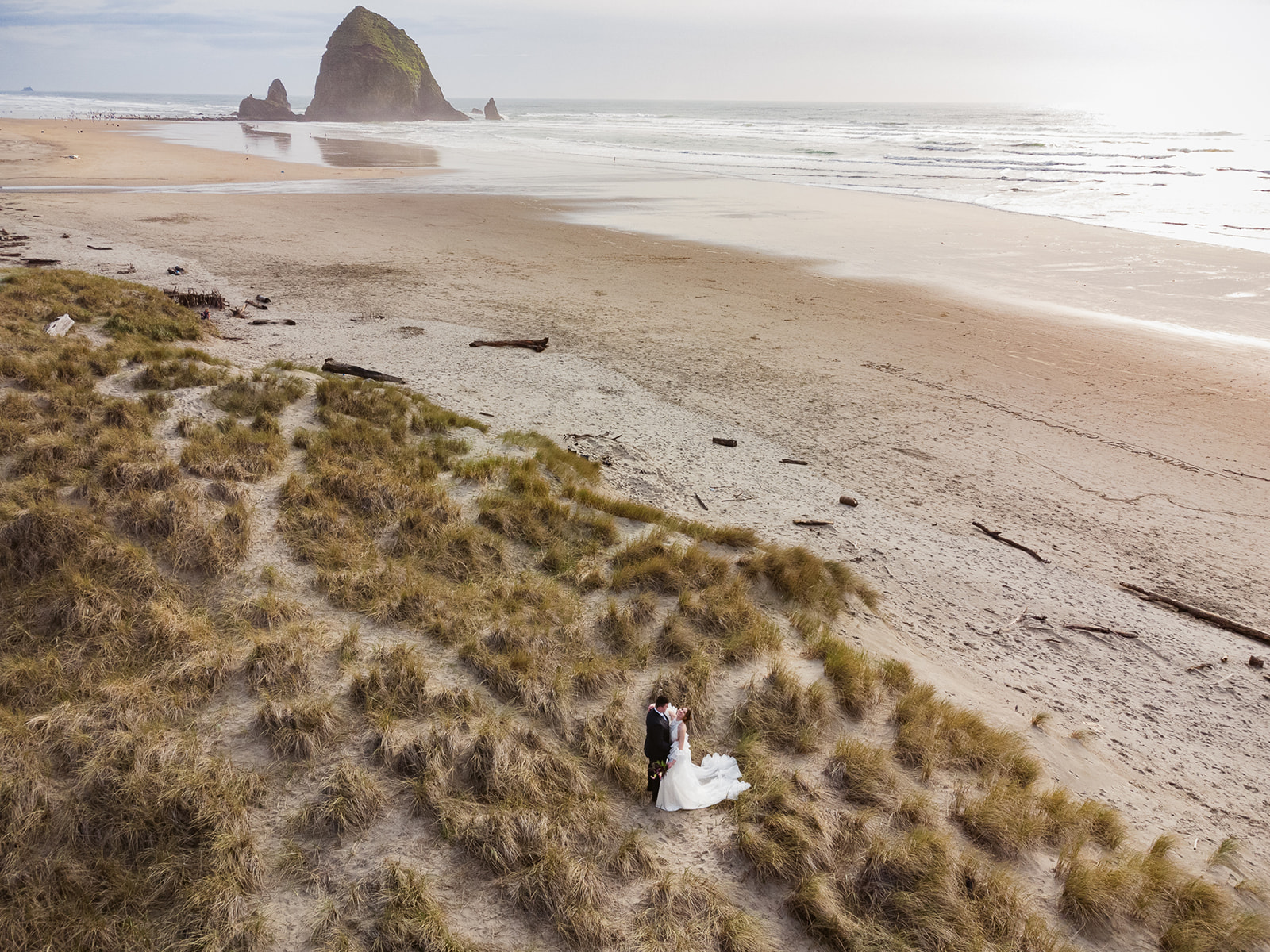 Overhead drone shot of a bride and groom standing in the beach grass on Cannon Beach.