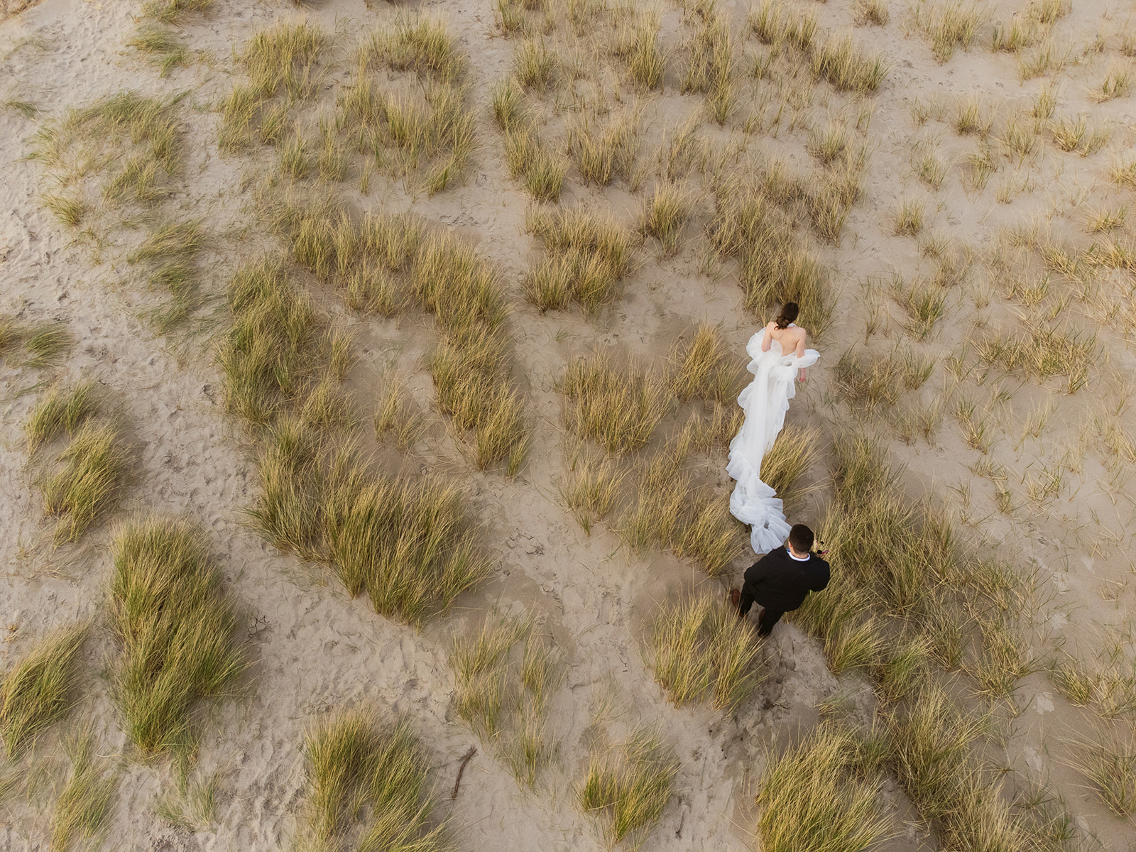 Drone shot of a bride and groom walking along the beach grass on Cannon Beach.