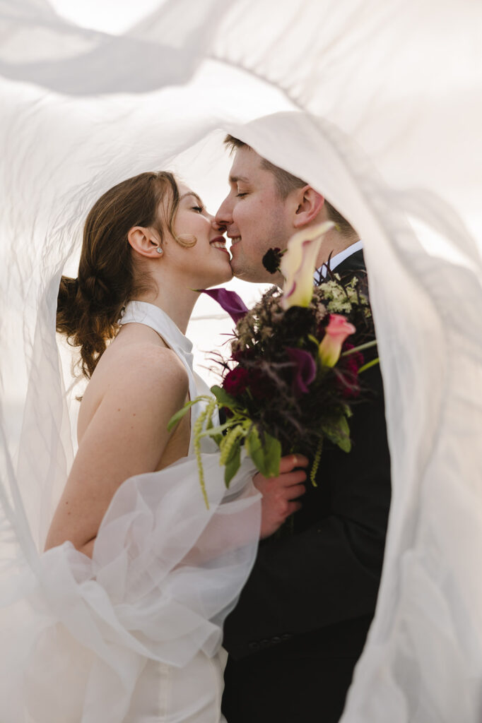 Close up shot of a bride and groom kissing under the brides veil.