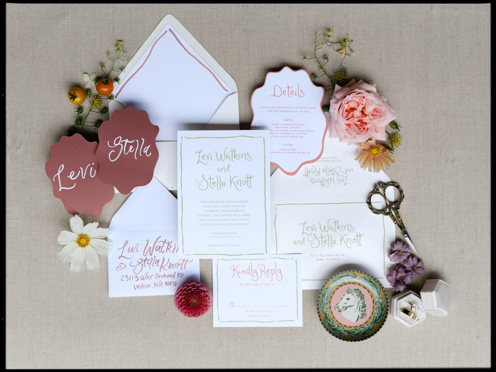 Whimsical wedding invitation suite with flowers and horse details at Foxglove Lodge Vashon Island.