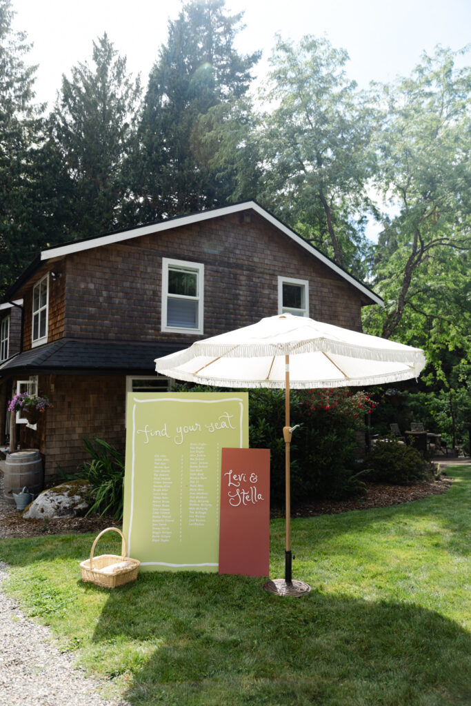 Outdoor seating chart for a Foxglove Lodge wedding reception.