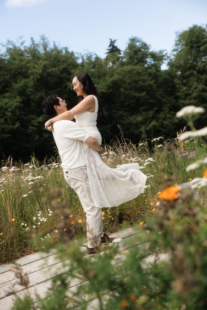 Couple posing for their Bloedel Reserve engagement photos.