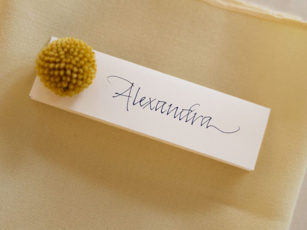 Brides table seating name setting.
