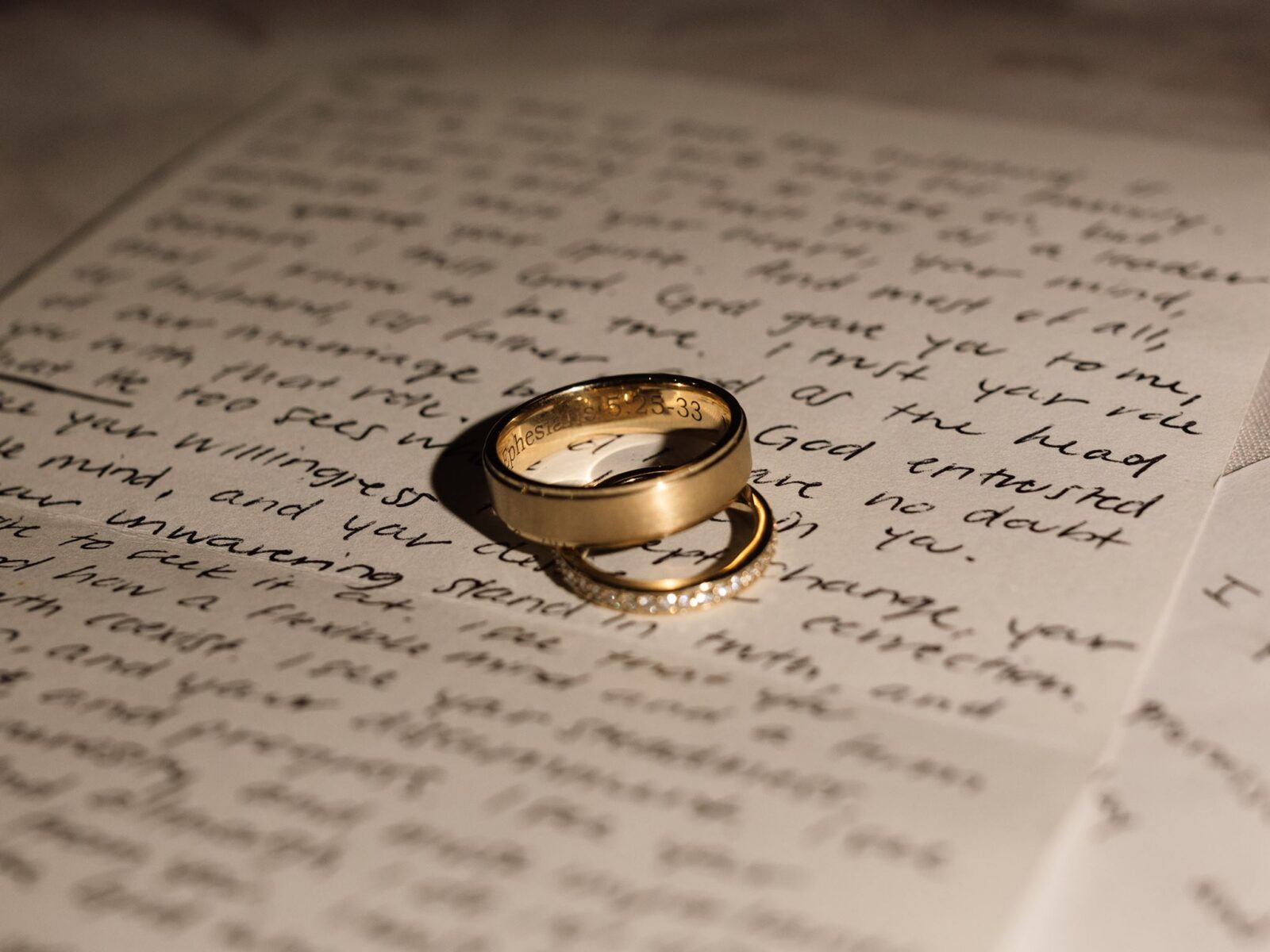 Wedding ring and band laying on vow papers for a detail shot.