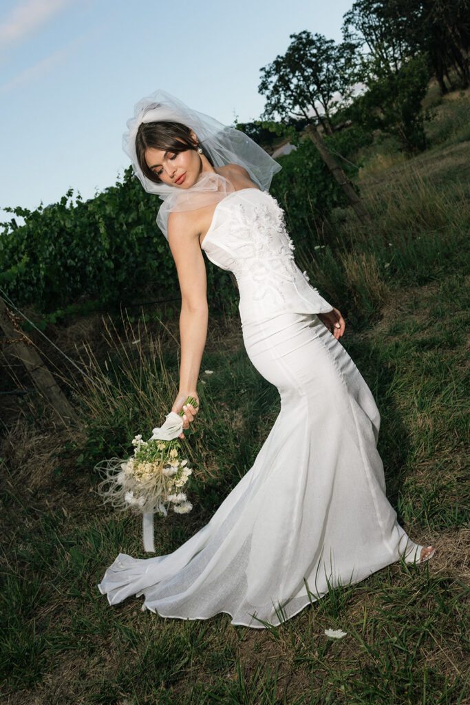 Editorial bridal portraits at dusk at Maysara Winery in Oregon.