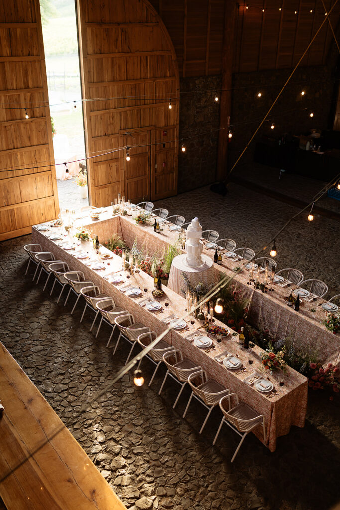 Overhead shot of a Maysara Winery wedding reception. 