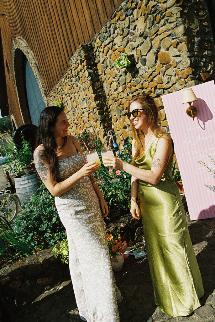 Guests toasting cocktails during an outdoor wedding cocktail hour.